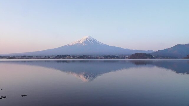 湖に映る朝陽に赤く染まる富士山と湖のさざ波、固定撮影