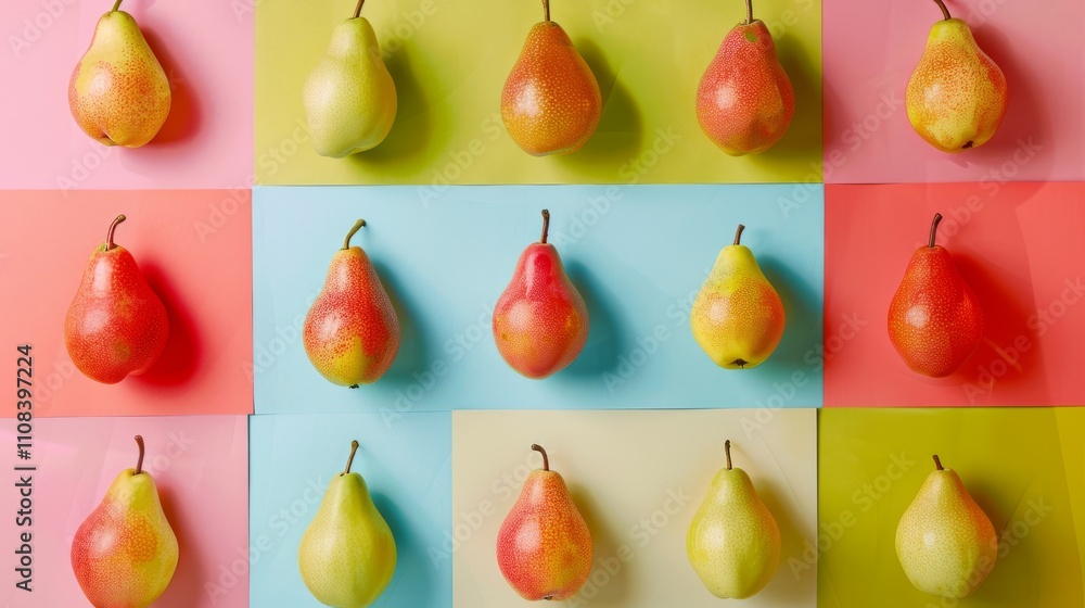Poster minimalistic composition of vibrant pears arranged in a geometric pattern, adding visual interest to