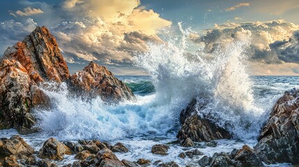 Fototapeta premium Powerful Waves Crashing Dramatically Against Rocky Shoreline Under a Colorful Sky at Sunset Captured in Stunning Detail