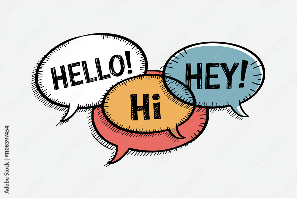 Poster speech bubbles with greetings and expressions of excitement in a colorful design for communication t