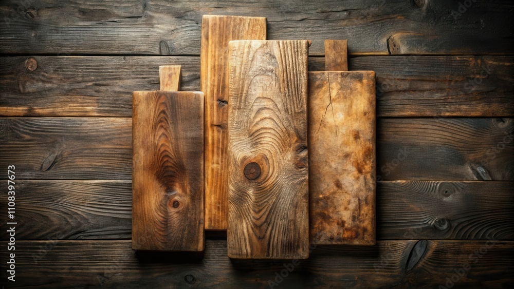Poster rustic wooden cutting boards arranged on a distressed wood surface, creating a natural and timeless 