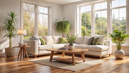 Fototapeta premium A modern living room with a large sectional sofa, coffee table, and natural light streaming in through large windows.
