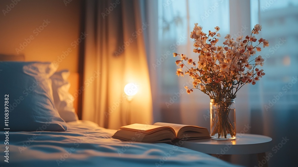 Poster cozy and tranquil bedroom setup with soft lighting illuminating a book on the bedside table represen