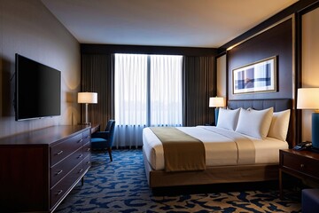 Modern Hotel Bedroom Interior Design Featuring Dresser TV and Window Elements