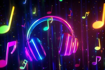 Glowing neon headphones and music notes illuminating a silent disco party against a dark background.