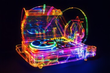 Fototapeta premium A futuristic DJ booth made of neon wireframe, playing vinyl records at a silent disco party against a black backdrop.