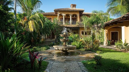 Fototapeta premium Exquisite Exterior View of a Stunning Villa Surrounded by Lush Green Landscaping and a Majestic Fountain in a Serene Tropical Environment