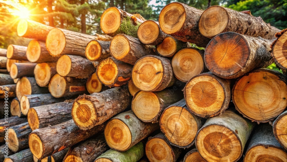 Poster A close-up view of a pile of stacked logs, showcasing the intricate grain patterns and natural textures of the wood, illuminated by the warm glow of sunlight filtering through the forest canopy.