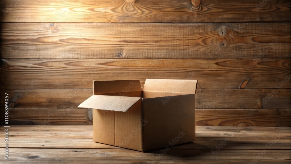 Aufkleber an open cardboard box sits atop a wooden table with a warm light illuminating the scene, offering a 