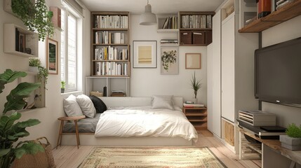 Fototapeta premium Cozy Studio Apartment with Modern Decor, Soft Lighting, and Natural Elements for a Relaxing Living Space