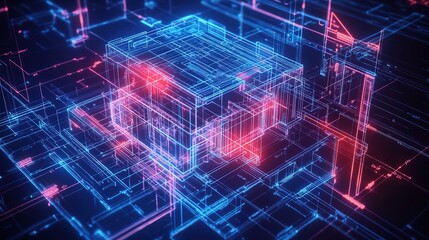 Obraz premium A digital blueprint of a house displayed in a holographic style, symbolizing advanced architectural design and modern construction technologies. 