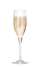 Pouring champagne into glass isolated on white