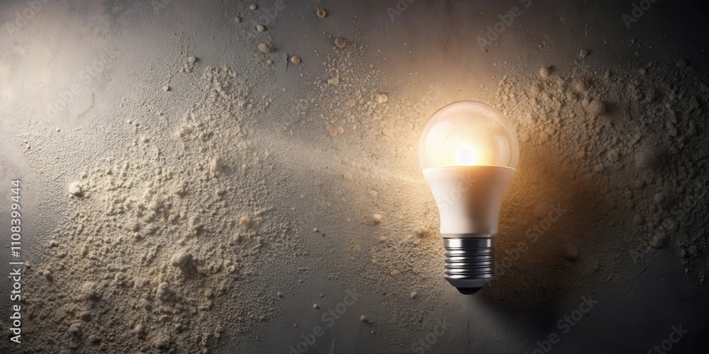 Poster A single illuminated light bulb on a textured surface, illuminating the surrounding area with warm light.