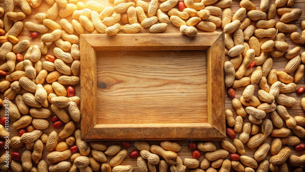 Poster A rustic wooden frame surrounded by a scattering of peanut shells, revealing a blank canvas for your message.