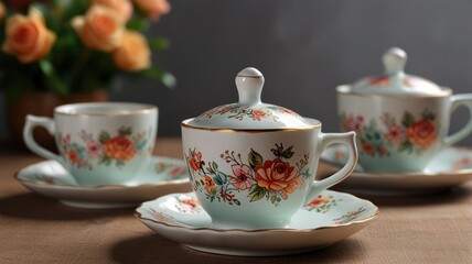 Fototapeta premium Elegant floral teacup set with lids on saucer, on table.