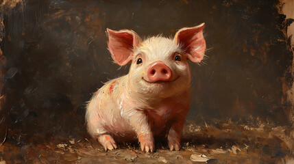 Oil painting of a pig, with a cute and happy expression, its head turned to the right side, sitting on the ground, a full-body portrait in a front view, against a dark background. 