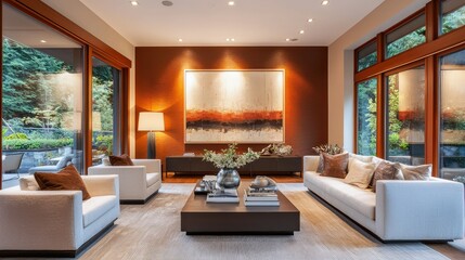 Fototapeta premium Modern Living Room Design Featuring Accent Wall and Contemporary Art, Showcasing Elegant Furnishings and Abundant Natural Light in a Stylish Home Environment