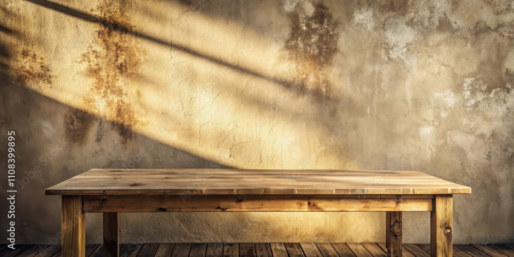 Aufkleber rustic wooden table with a weathered textured wall background, illuminated by warm sunlight filterin