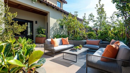 Fototapeta premium Modern Outdoor Patio Featuring Stylish Furniture Surrounded by Lush Greenery and Vibrant Plants, Ideal for Relaxation and Entertaining in a Beautiful Garden Setting