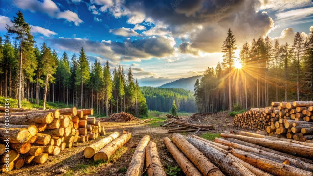 Poster sunbeams pierce through a dense evergreen forest, illuminating stacks of freshly cut logs in the gol