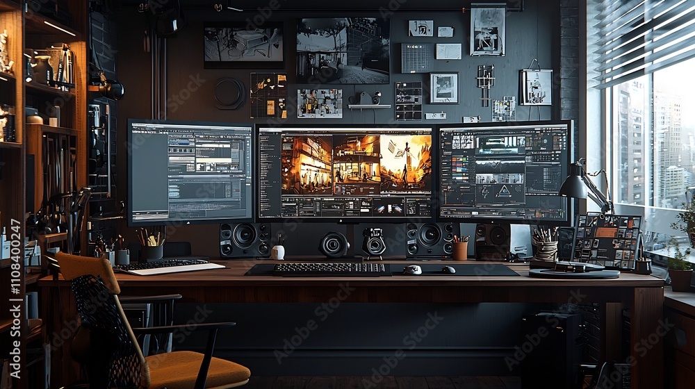 Poster dual monitor creative workspace featuring intricate graphic designs and 3d renderings for digital ar