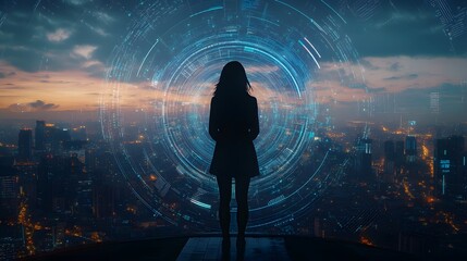Woman Silhouetted Against Futuristic Cityscape At Night