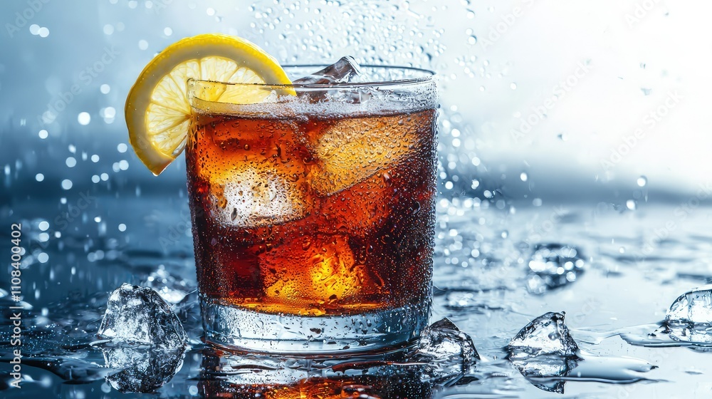 Poster refreshing cold drink on ice with a slice of lemon in a glass surrounded by splashes and ice cubes o