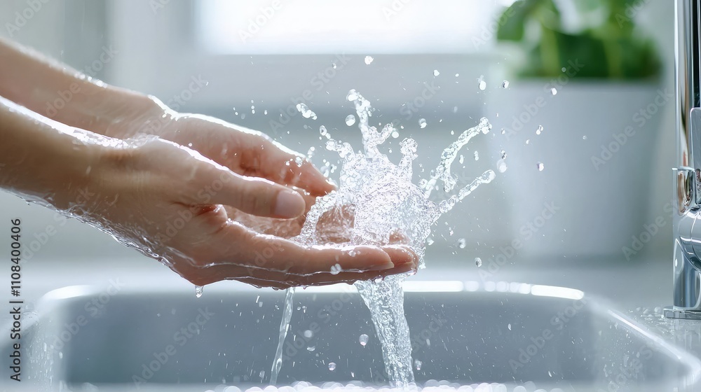 Poster refreshing splash of cold water over hands in sink with gentle sunlight and vibrant greenery in the 