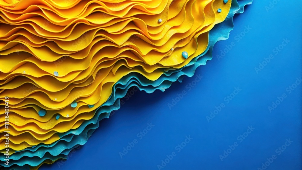 Poster abstract textured background with wavy layers of yellow and blue fabric on a vibrant blue surface