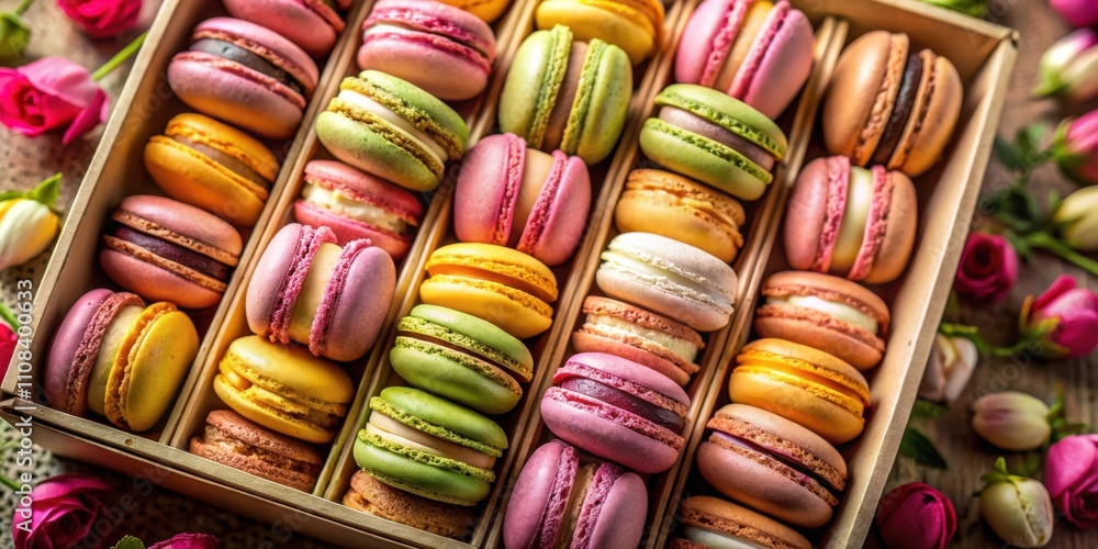 Poster A Colorful Array of Delicate Macarons Presented in a Wooden Box with a Floral Accent