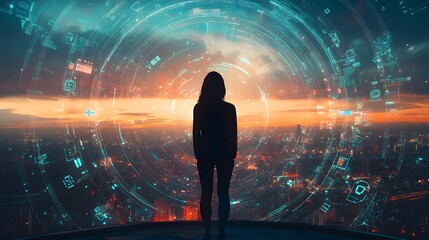 Woman Silhouetted Against Futuristic Cityscape at Sunset