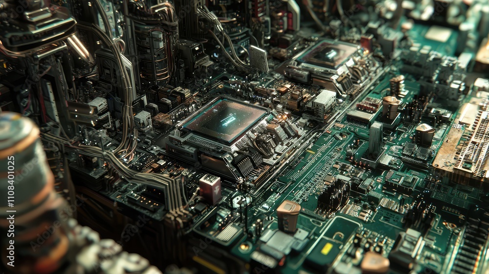Poster detailed view of robotic assembly line in electronic device manufacturing featuring high-tech circui