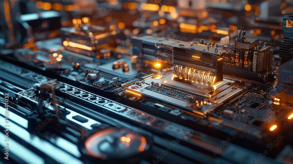 Poster detailed view of a robotic assembly line constructing electronic gadgets with advanced circuit board