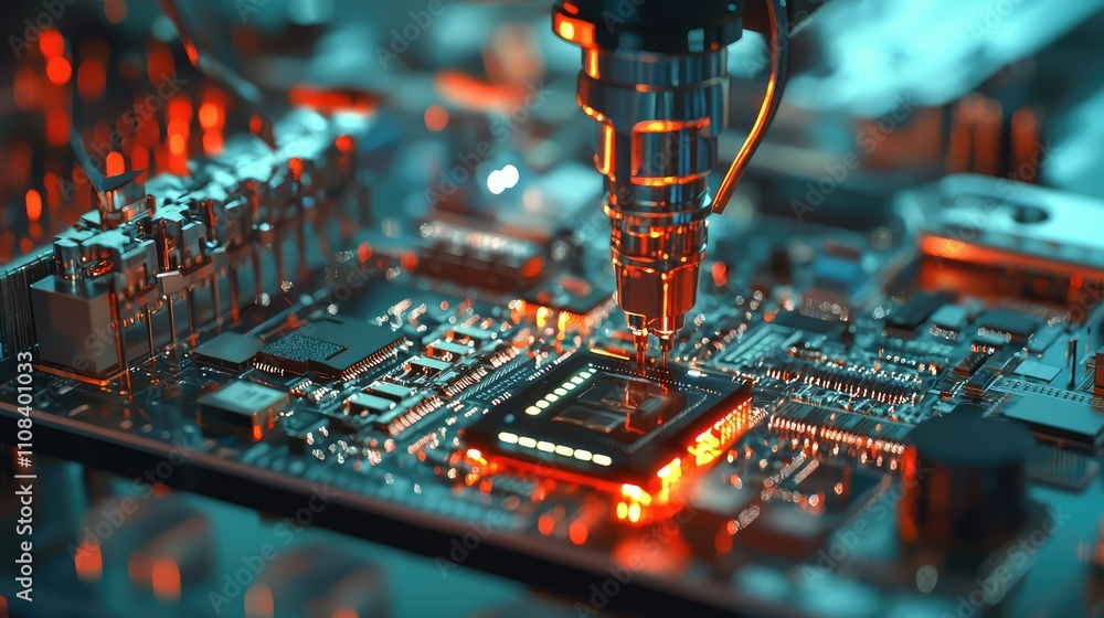Poster high-tech robotics assembling electronic gadgets on a modern assembly line with intricate circuitry 