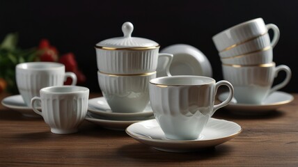Fototapeta premium Elegant white porcelain tea and coffee cup set with gold trim on dark wood table.