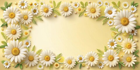 Obraz premium A delicate arrangement of blooming daisies and green foliage forms a charming floral frame on a soft yellow background