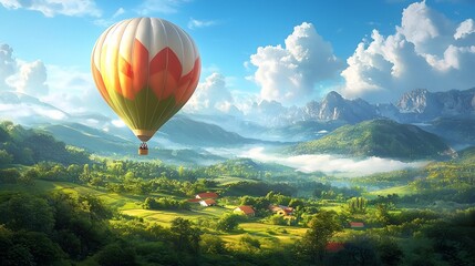 Fototapeta premium Enjoy a Breathtaking Hot Air Balloon Adventure Soaring Over Picturesque Rolling Green Countryside and Meadows