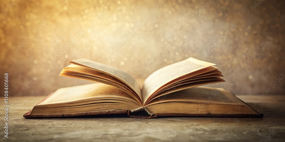 Poster An open antique book with aged pages rests upon a textured surface, bathed in soft, warm light.