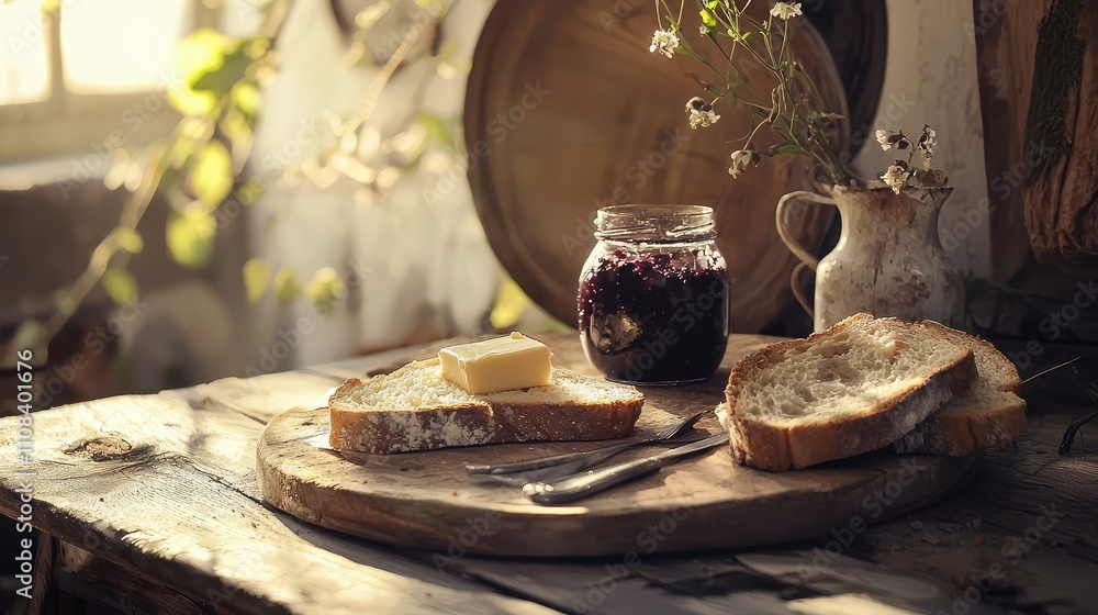 Aufkleber rustic breakfast scene featuring toast with butter and jar of preserves on a wooden table surrounded