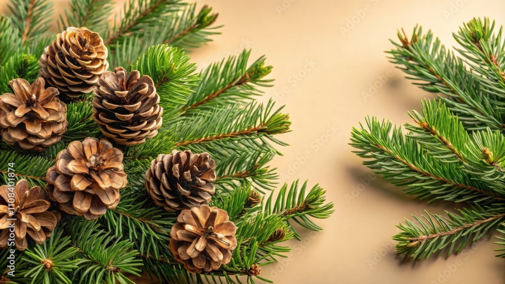 Poster a close-up of pine cones nestled among the lush green needles of a fir branch, creating a festive an
