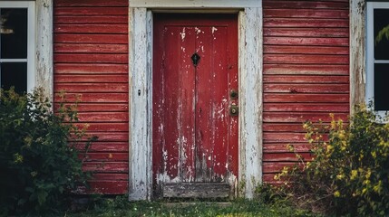 Rustic Vintage Farmhouse Door with Peeling Red Paint Surrounded by Greenery and Natural Beauty, Capturing the Charm of Rural Living