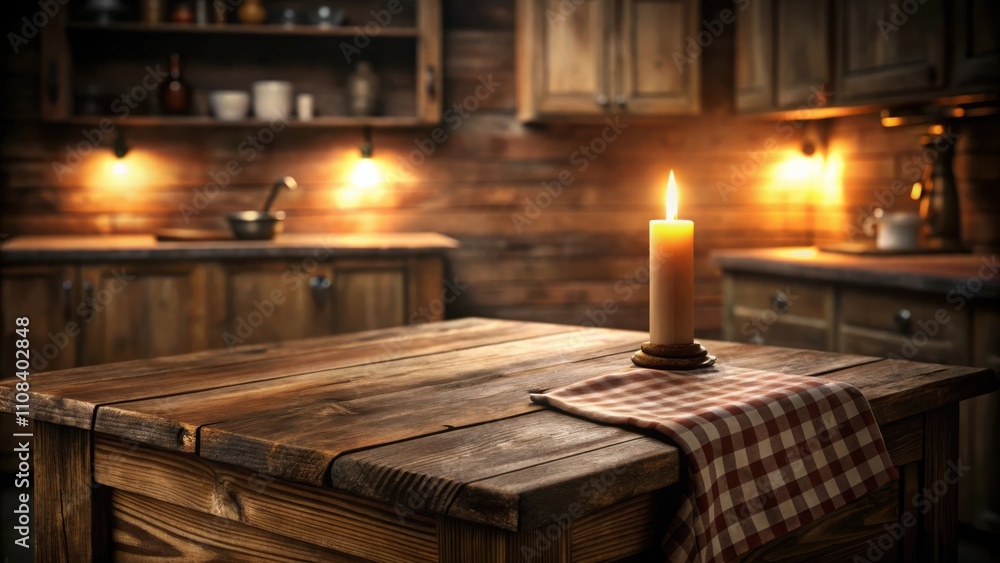 Poster a rustic wooden table with a plaid napkin and a single burning candle, illuminated by warm light in 