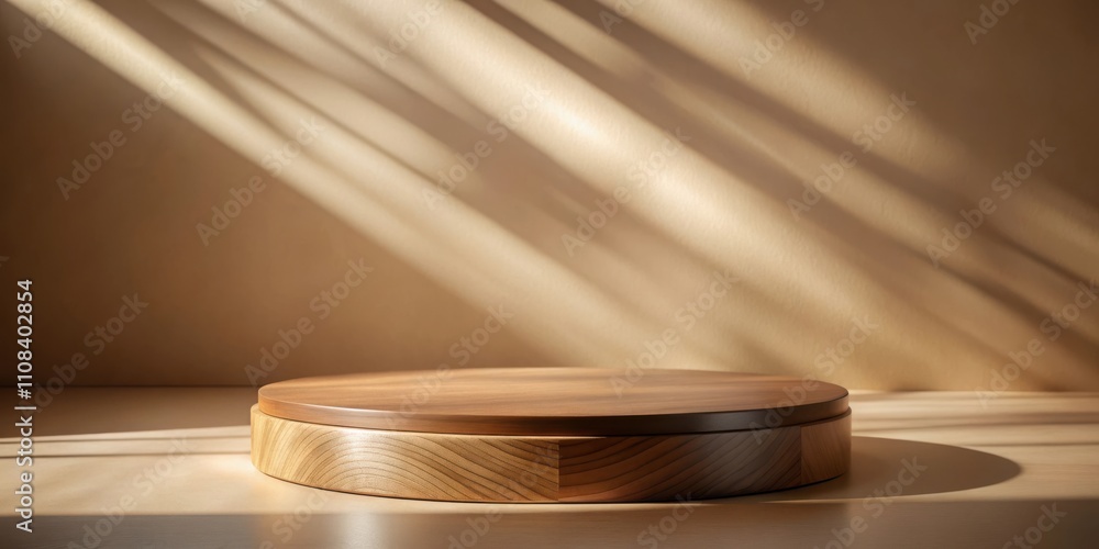 Poster A Circular Wooden Platform Bathed in Warm Sunlight, Creating a Minimalist and Natural Product Display Setting