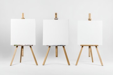 Three blank canvases on wooden easels against a white background.