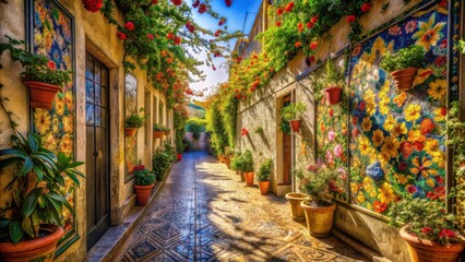 Naklejka premium A narrow, cobblestone alleyway adorned with vibrant floral arrangements and decorative artwork, creating a picturesque and inviting ambiance.