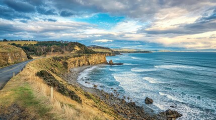 Breathtaking Coastal Highway with Dramatic Ocean Views, Showcasing Rugged Cliffs and a Serene Landscape Under a Vivid Sky