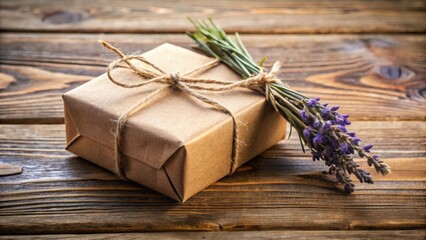 Fototapeta premium A simply wrapped gift box tied with twine and a sprig of lavender on a rustic wooden surface.