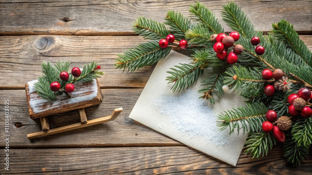 Poster a rustic christmas scene with a wooden sleigh adorned with evergreen sprigs and red berries, beside 