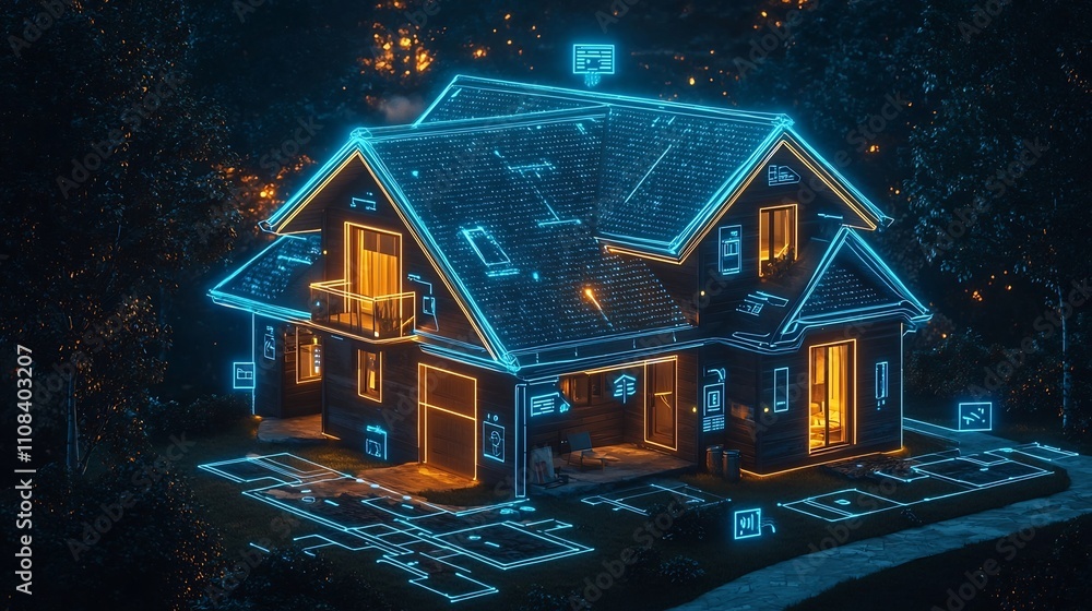 Poster glowing smart home concept with interconnected digital devices and automated systems for energy effi