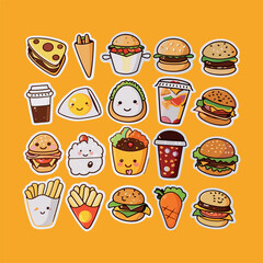 collection of cute fast food stickers vector